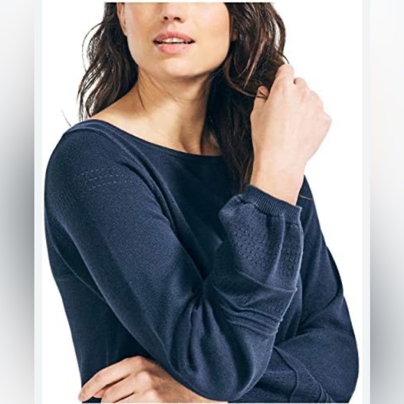 NAUTICA Navy Cotton Crew Neck Sweater w Embellished Balloon Sleeves & Ribbed Hem - Picture 1 of 13